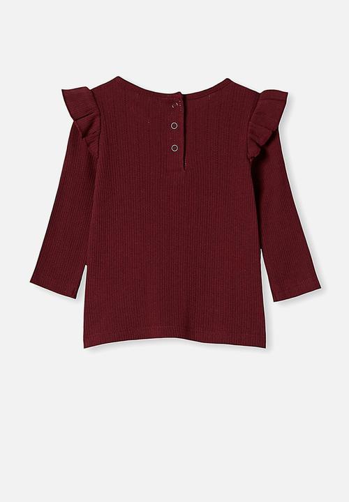 Cotton On - Cindy long sleeve pointelle top - burgundy 