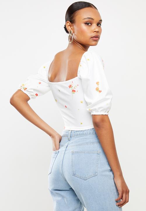 Missguided - Ditsy floral milkmaid crop top - white
