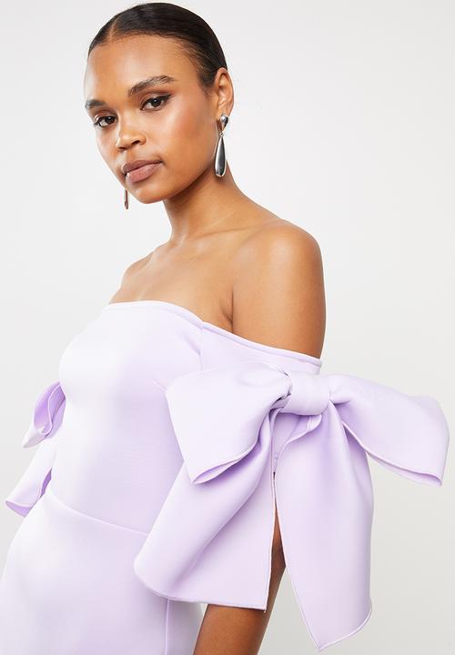 Missguided - Scuba ruffle bow bardot mini dress - purple