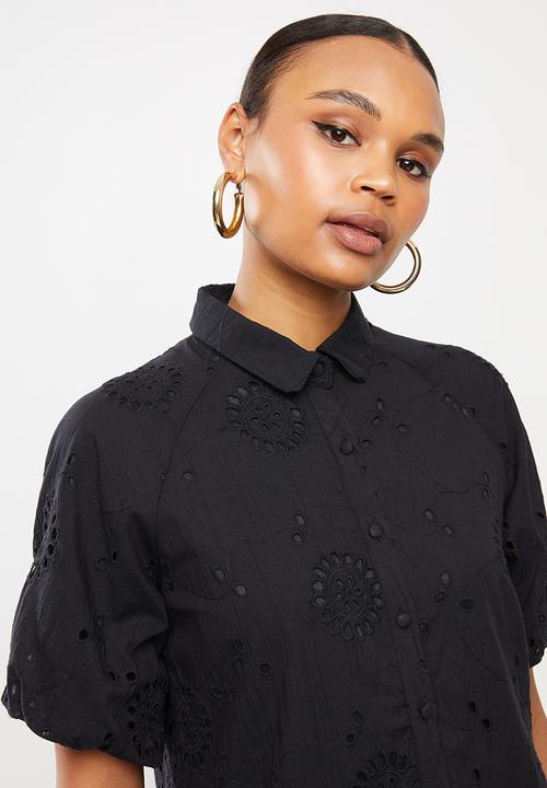 Missguided - Broderie ruffle shirt smock dress - black