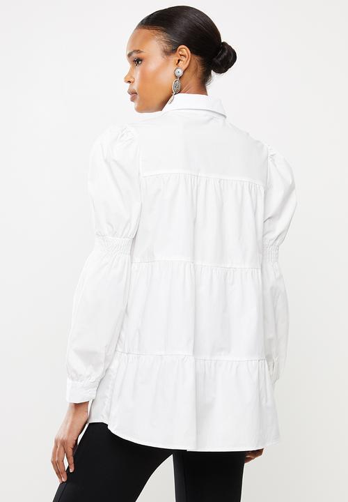 Missguided - Poplin ruched sleeve smock shirt - white