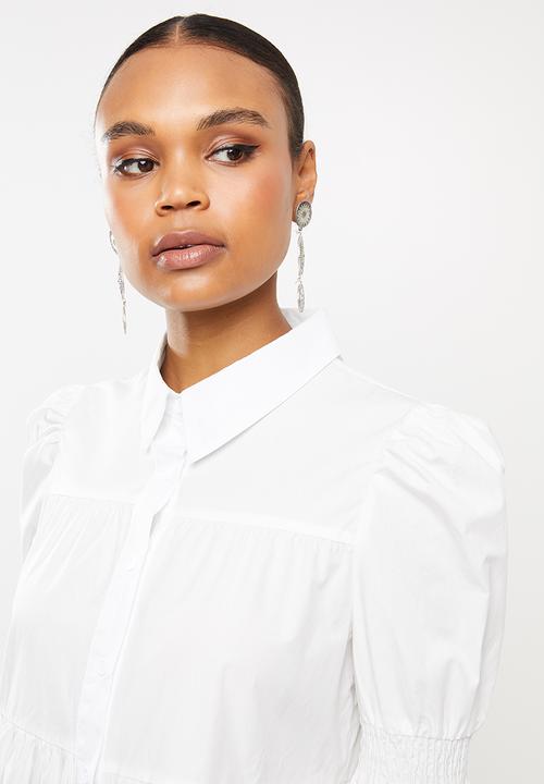 Missguided - Poplin ruched sleeve smock shirt - white