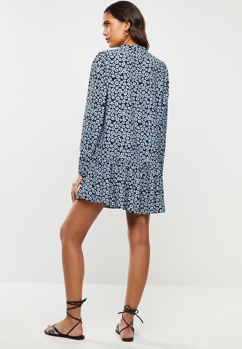 Glamorous - Dusty blue mini floral drop waist dress - blue & black