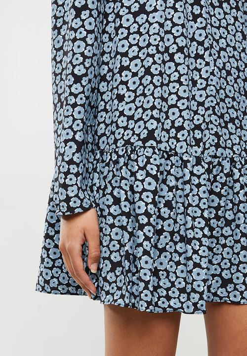 Glamorous - Dusty blue mini floral drop waist dress - blue & black