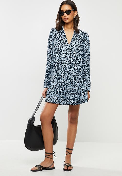 Glamorous - Dusty blue mini floral drop waist dress - blue & black