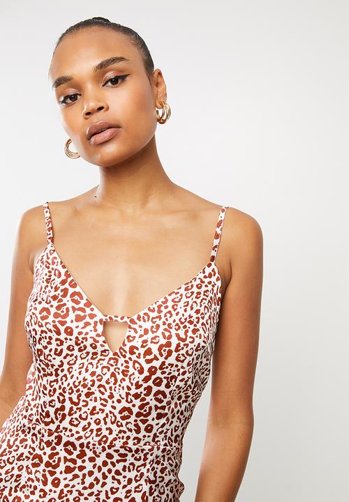 Missguided - Animal satin frill hem mini dress - white & bronze