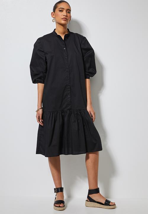 Superbalist - Cotton button thru dress with tier - black