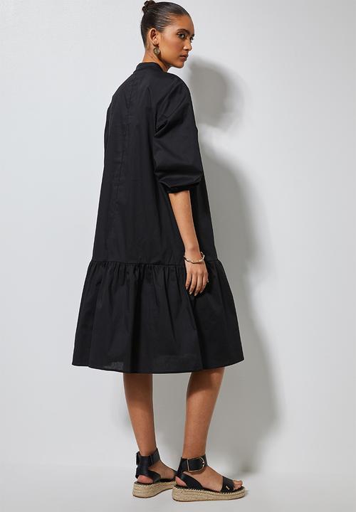 Superbalist - Cotton button thru dress with tier - black