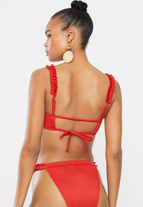 Missguided - Rib frill shoulder strappy bikini top - red