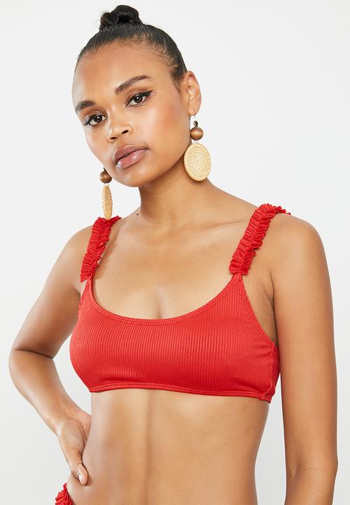 Missguided - Rib frill shoulder strappy bikini top - red