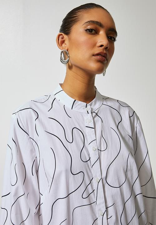 Superbalist - Cotton button thru dress with tier white scribble print - white 
