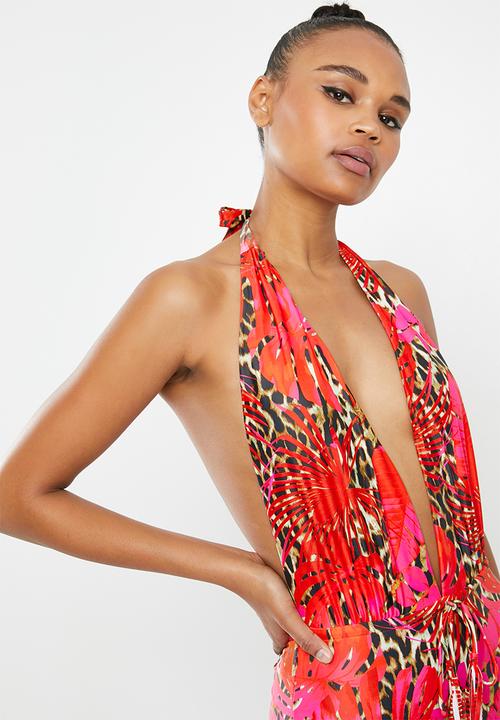 Missguided - Palm animal plunge halterneck swimsuit - red