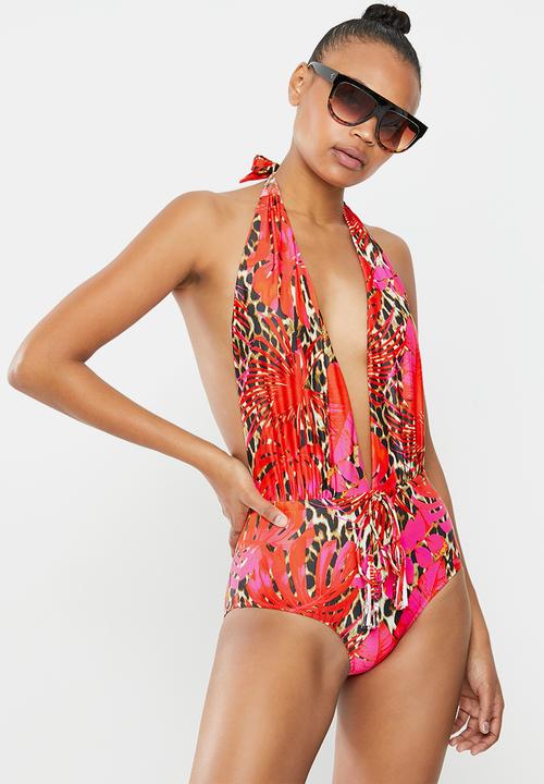 Missguided - Palm animal plunge halterneck swimsuit - red