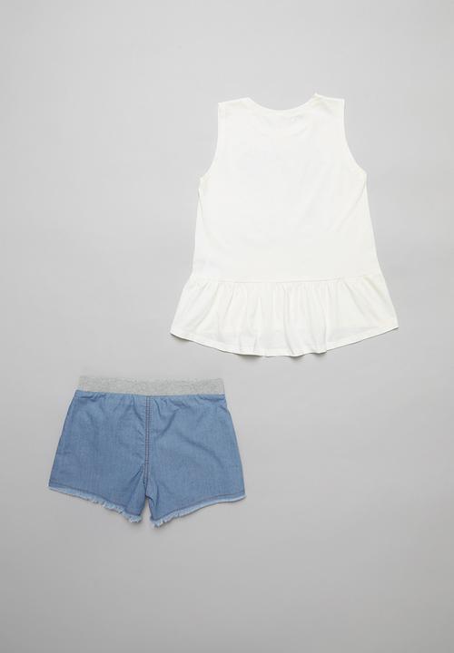 Quimby - Girls top & denim shorts - off white & blue 