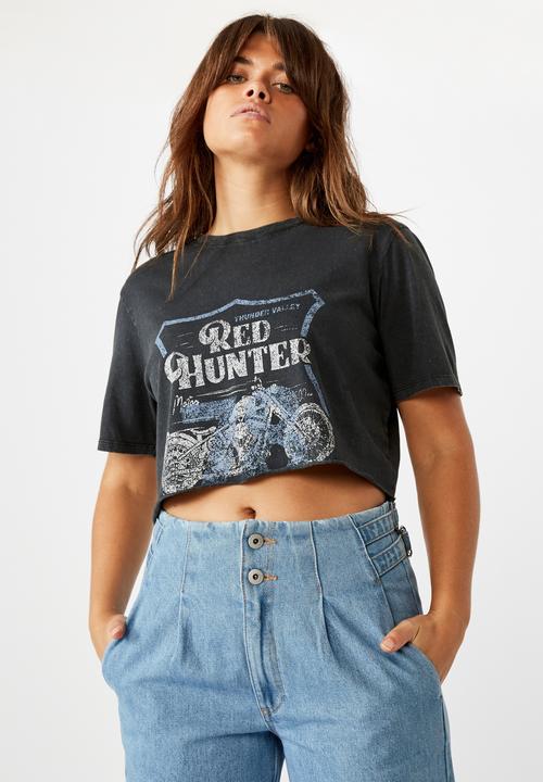 Factorie - Short sleeve raw edge crop T-shirt - washed black