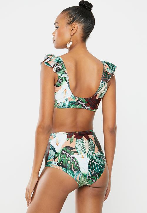 Missguided - Floral high waisted bikini bottoms - green