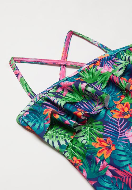 Pop Candy - Tropical one piece frill detail swimsuit - multi