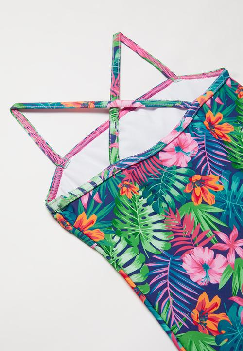 Pop Candy - Tropical one piece frill detail swimsuit - multi