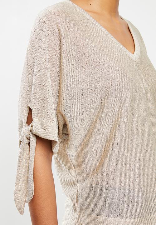edit - Tie sleeve linen blend tee - stone