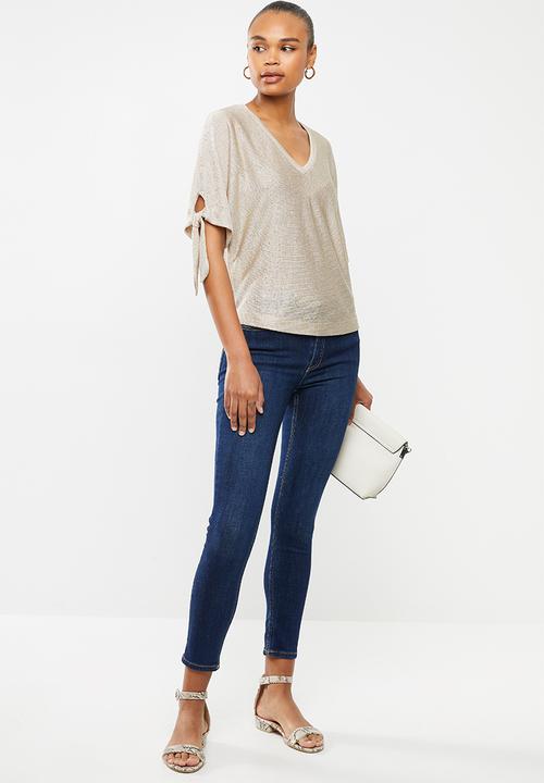 edit - Tie sleeve linen blend tee - stone