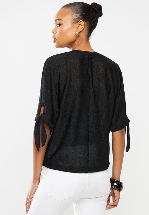 edit - Tie sleeve linen blend tee - black