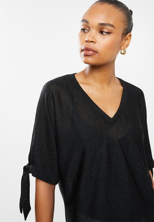 edit - Tie sleeve linen blend tee - black