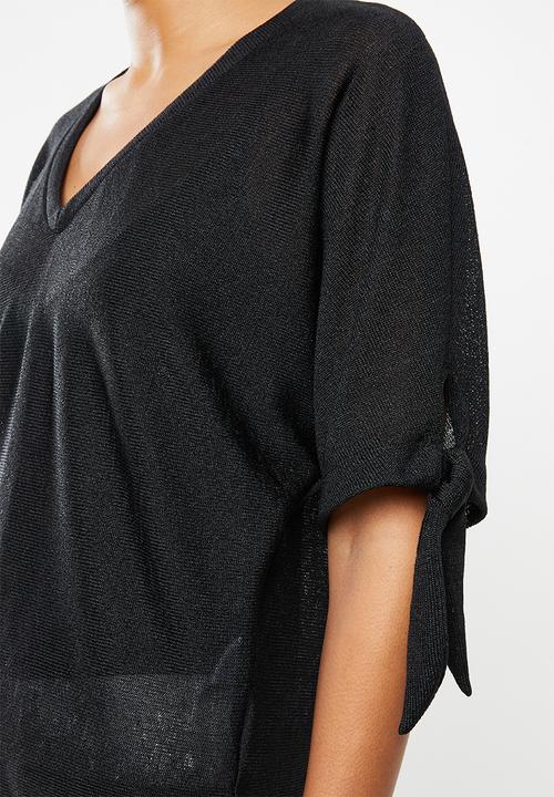 edit - Tie sleeve linen blend tee - black