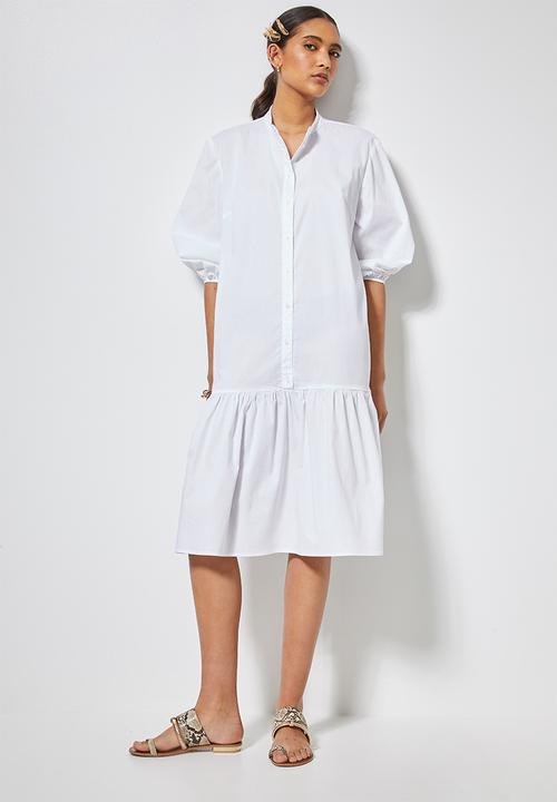 Superbalist - Cotton button dress with tier - white
