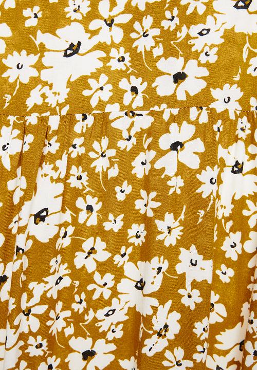 Blake - Midi tiered dress with short puff sleeve - yellow & white