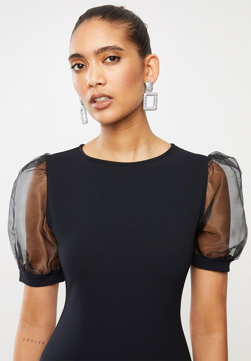 Blake - Round neck mini dress with puff sleeves - black