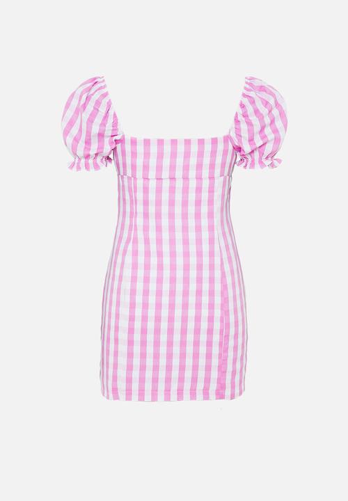 Glamorous - Petite gingham puff sleeve mini - pink & white