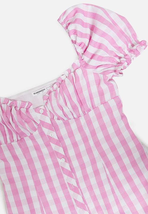 Glamorous - Petite gingham puff sleeve mini - pink & white