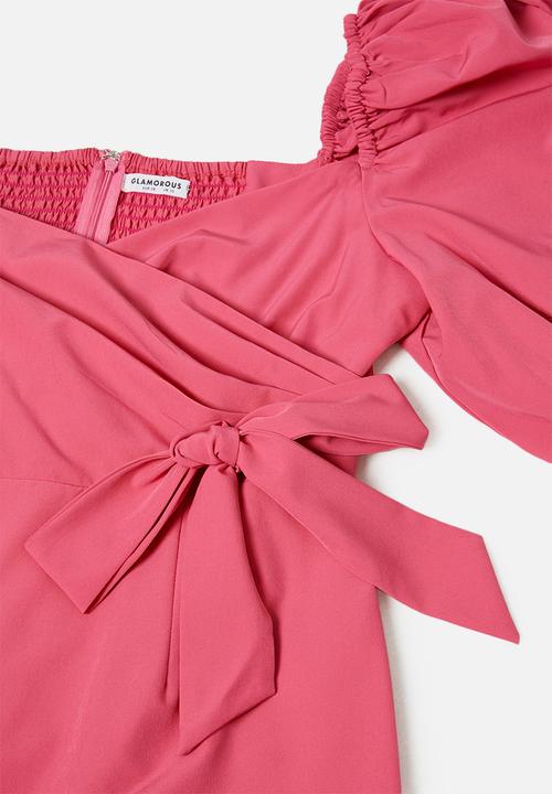 Glamorous - Petite mini wrap dress with volume puff sleeve - pink