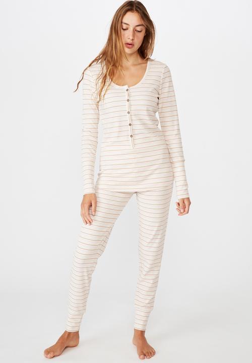 Cotton On - Henley waffle long sleeve top - cream & pink 