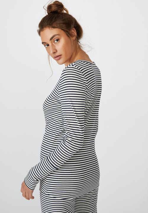 Cotton On - Henley waffle long sleeve top - navy & white 