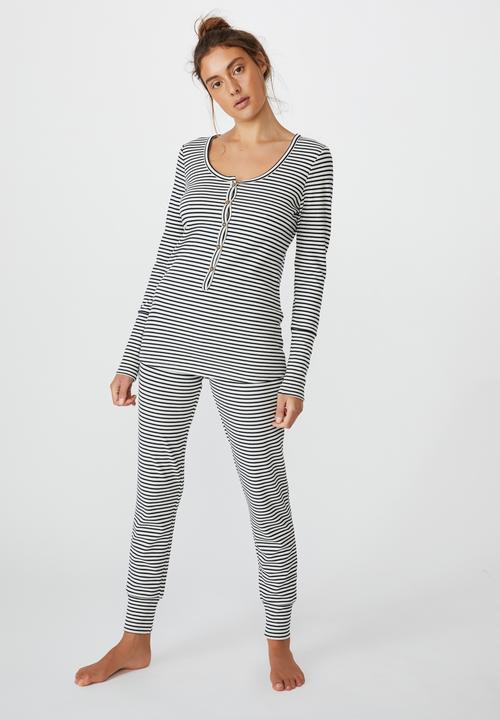 Cotton On - Henley waffle long sleeve top - navy & white 