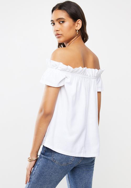 VELVET - Frill bardot linen blouse - white