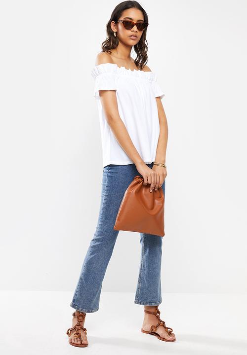 VELVET - Frill bardot linen blouse - white