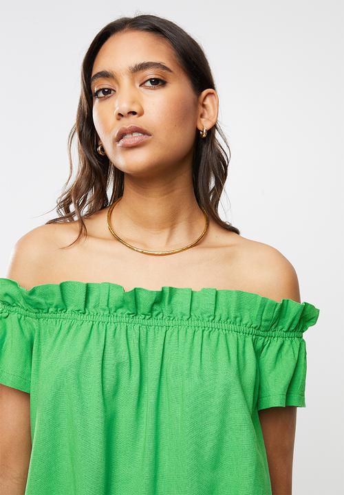 VELVET - Frill bardot linen blouse - green