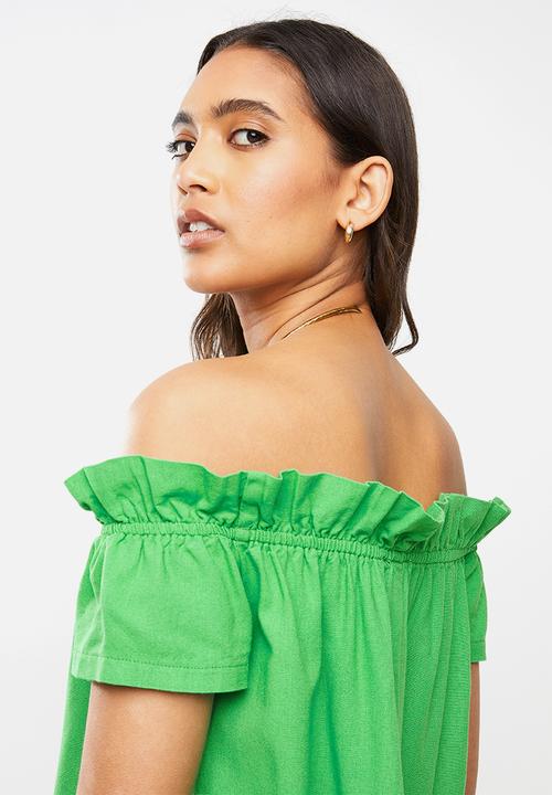VELVET - Frill bardot linen blouse - green