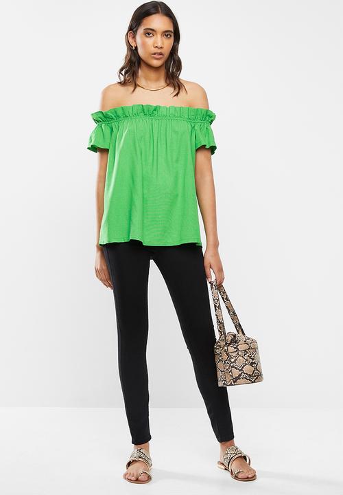 VELVET - Frill bardot linen blouse - green