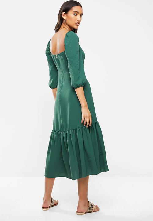 VELVET - Puff sleeve front slit tiered midi dress - green