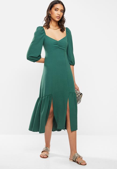 VELVET - Puff sleeve front slit tiered midi dress - green