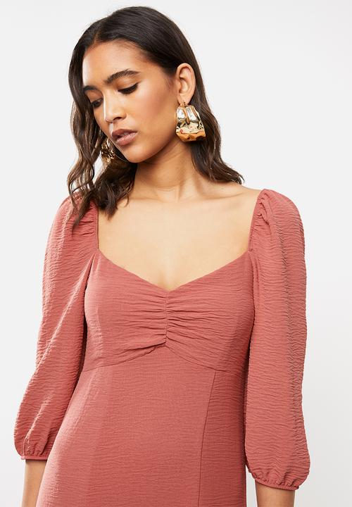 VELVET - Puff sleeve front slit tiered midi dress - rust