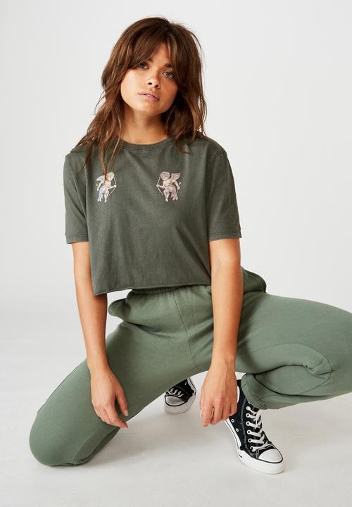 Factorie - Short sleeve raw edge crop T-shirt - khaki