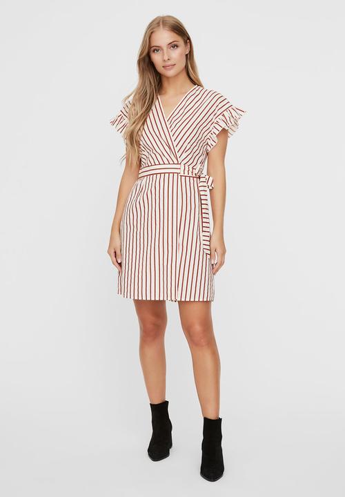 Vero Moda - Olympia short sleeve wide short wrap dress - red & white 