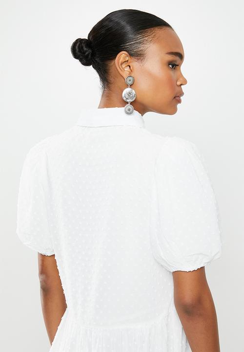 Missguided - Puff sleeve shirt smock dress dobby - white