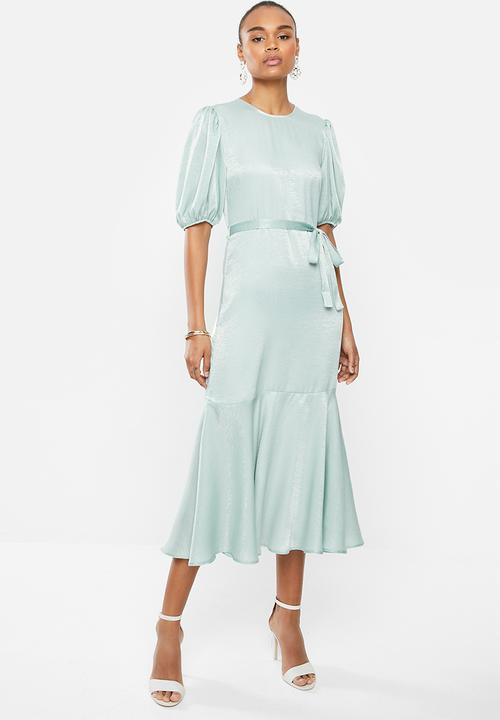 MILLA - Satin puff sleeve midi - sage