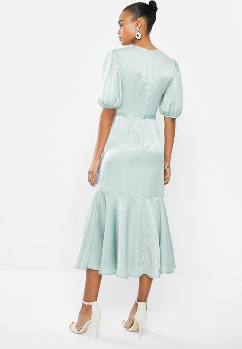 MILLA - Satin puff sleeve midi - sage