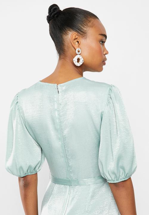 MILLA - Satin puff sleeve midi - sage
